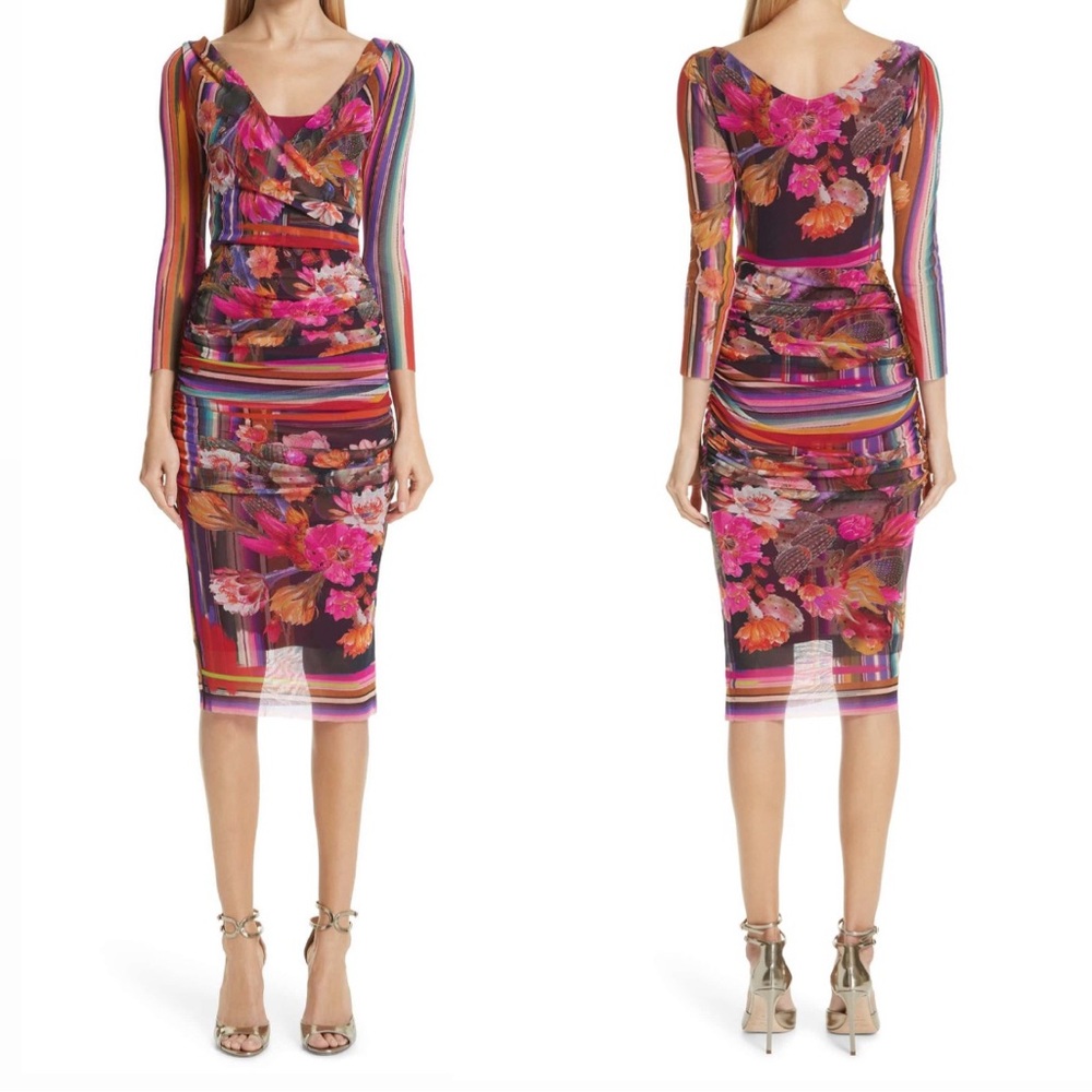 FUZZI Fitted Ruched Dress in Cactus Print Multicolor Women's Size Small